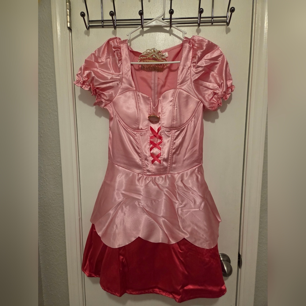Spirit Halloween Pink Satin Puff Sleeve Mini Dress with Red Skirt